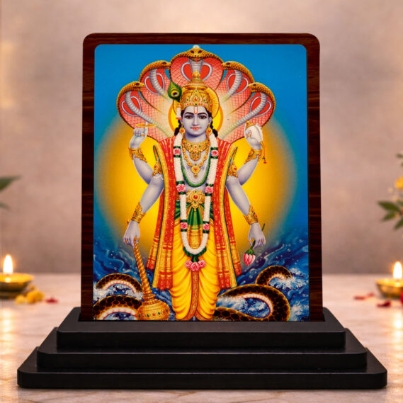 3x4 Inch Sheshnag Vishnu Wooden Idol with HD Print | Calm Energy Desk & Temple Decor