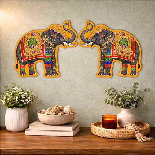 Elephant Pair Wooden Wall Hanging