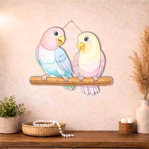 Pastel Parrot Pair Wooden Hanging