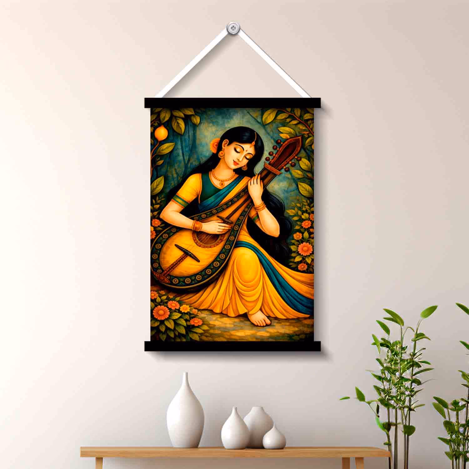 A Saraswati Veena Wall Art Hanging Painting 45x30 cm | Vprint Quality - Image 2