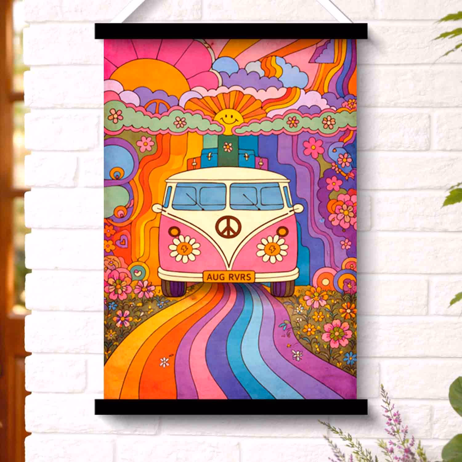 Colorful retro van wall art hanging in Vprint Quality