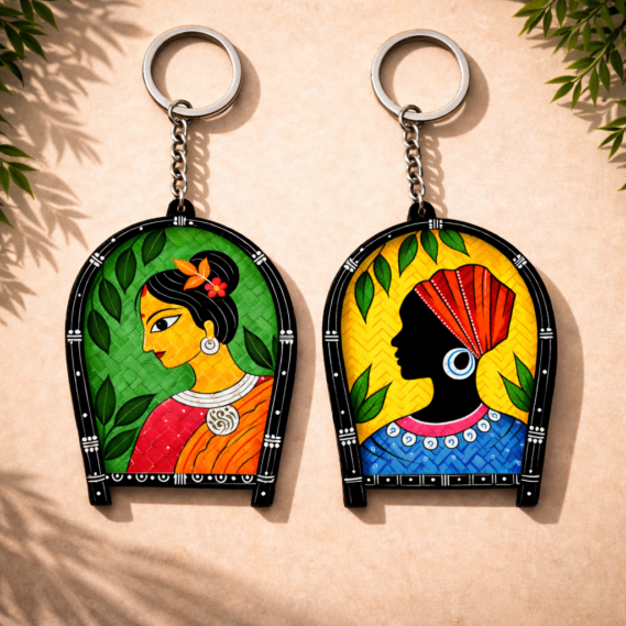 Indian folk art women keychain set with ethnic bag charm design