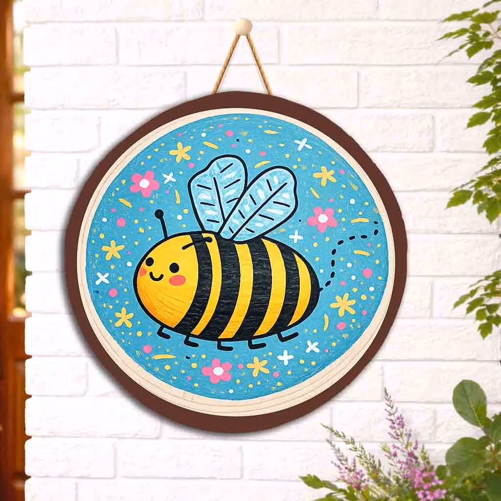 Honey Bee Round Wooden Wall Hanging in colorful bee wall decor