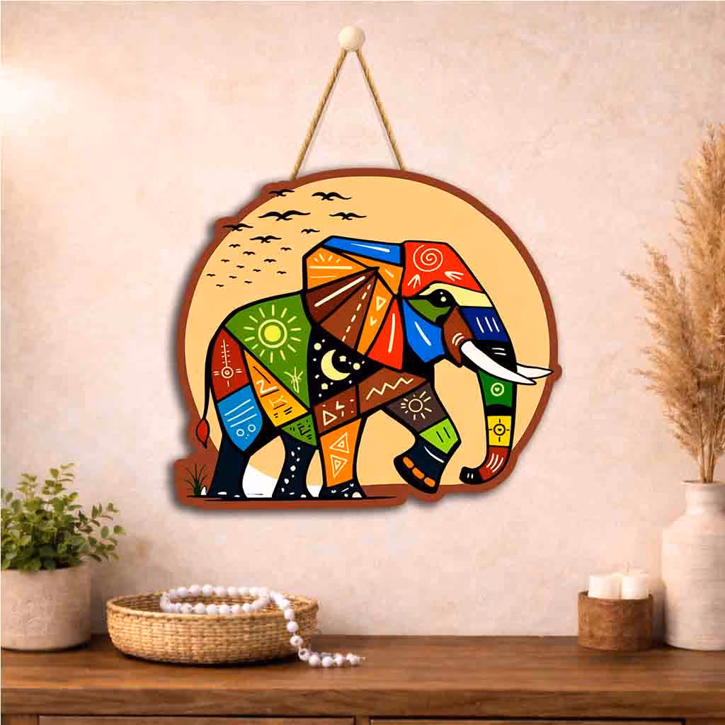Geometric Elephant Art Wooden Wall Hanging - Image 2