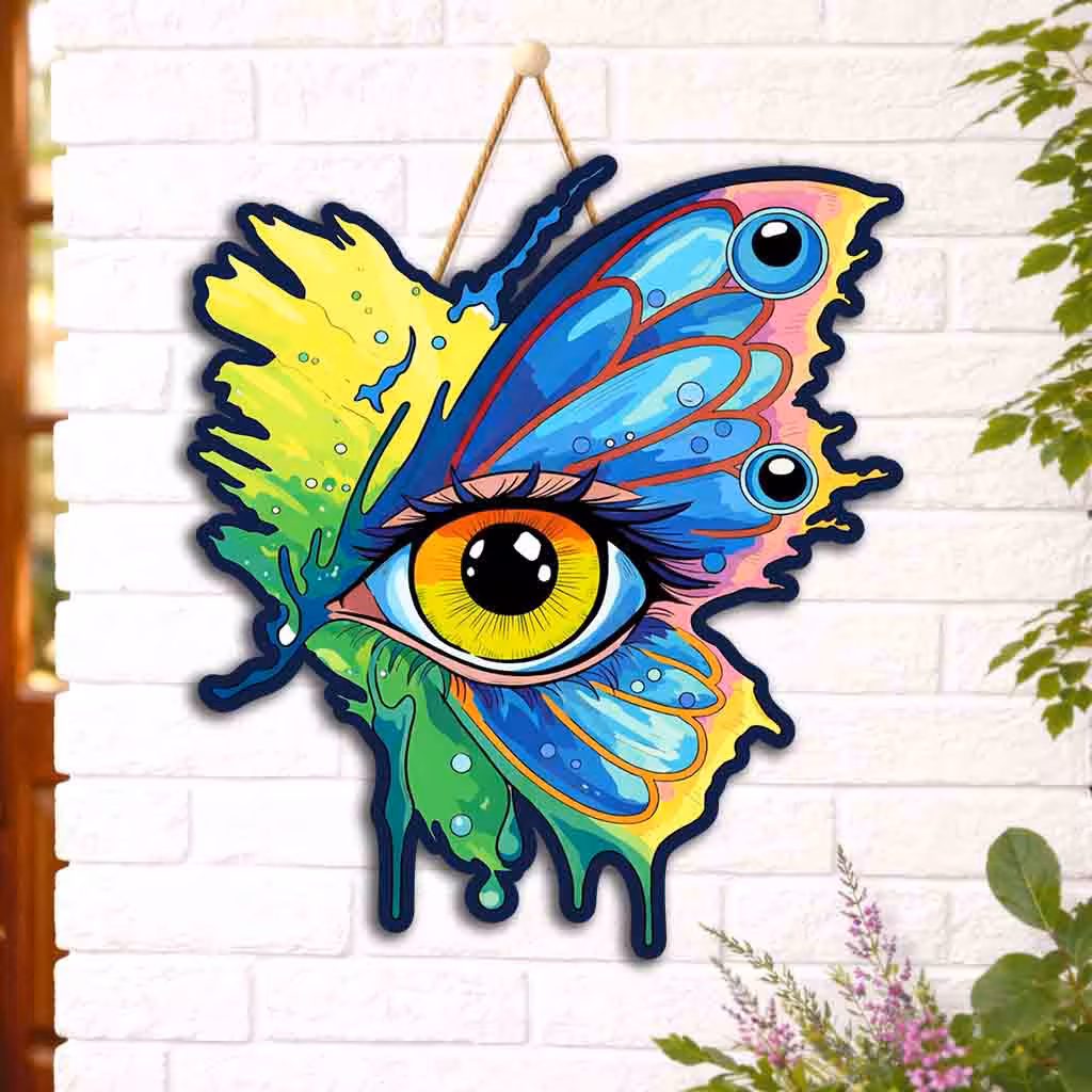 Butterfly evil eye wooden wall hanging in vibrant colors