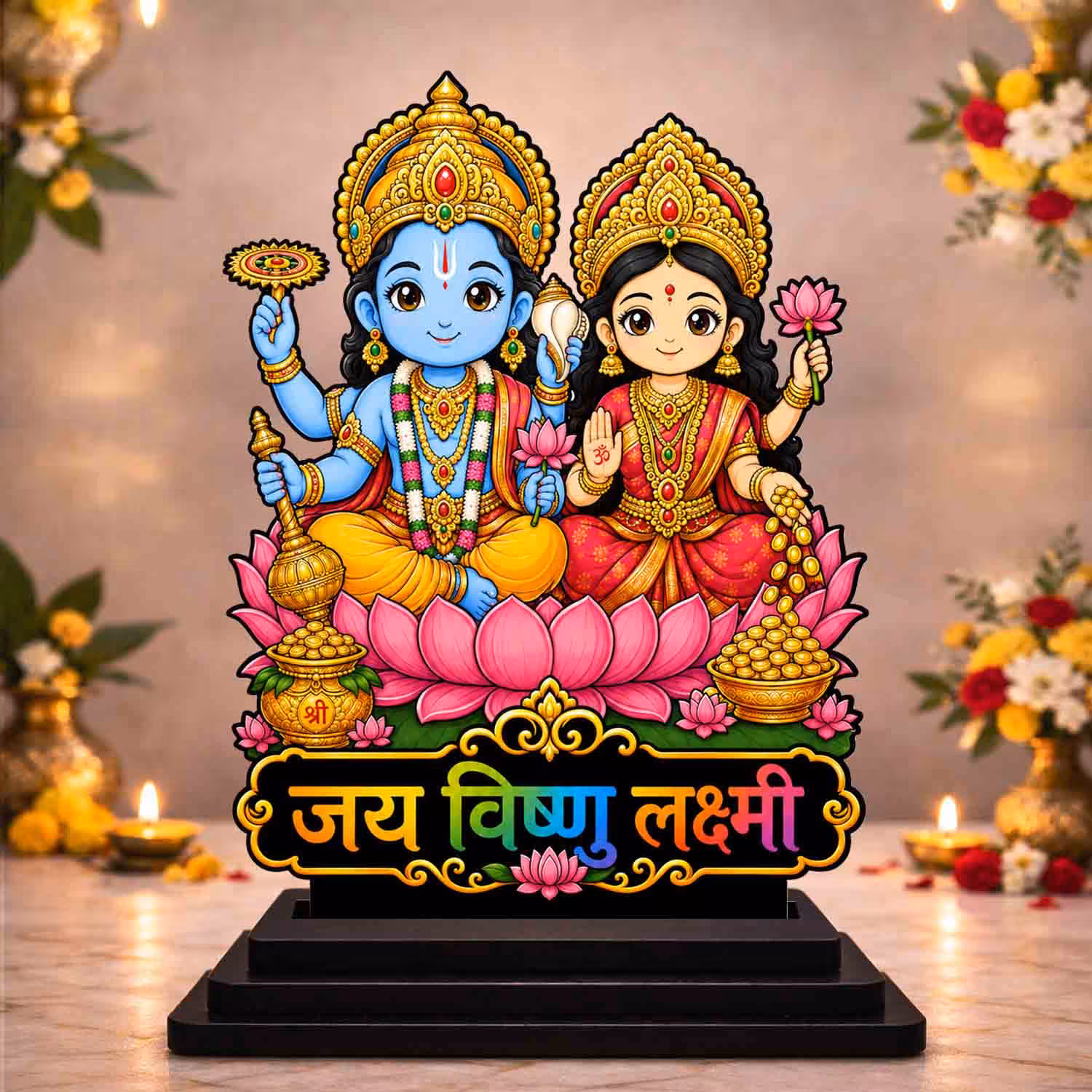 Vprint Quality Lakshmi Narayan Wooden MDF Cutout Idol for Car Dashboard & Home Temple