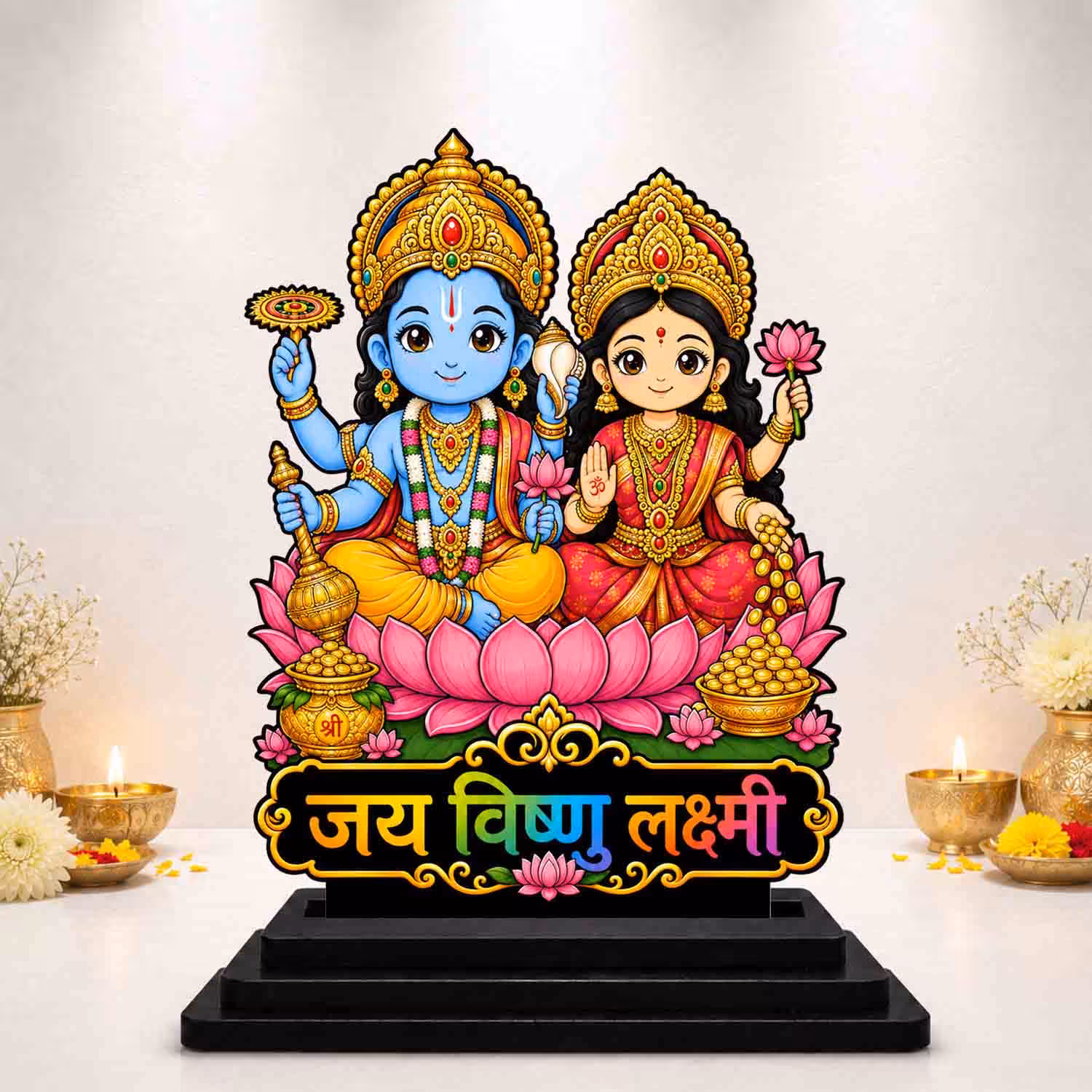 Vprint Quality Lakshmi Narayan Wooden MDF Cutout Idol for Car Dashboard & Home Temple Wooden God Idols