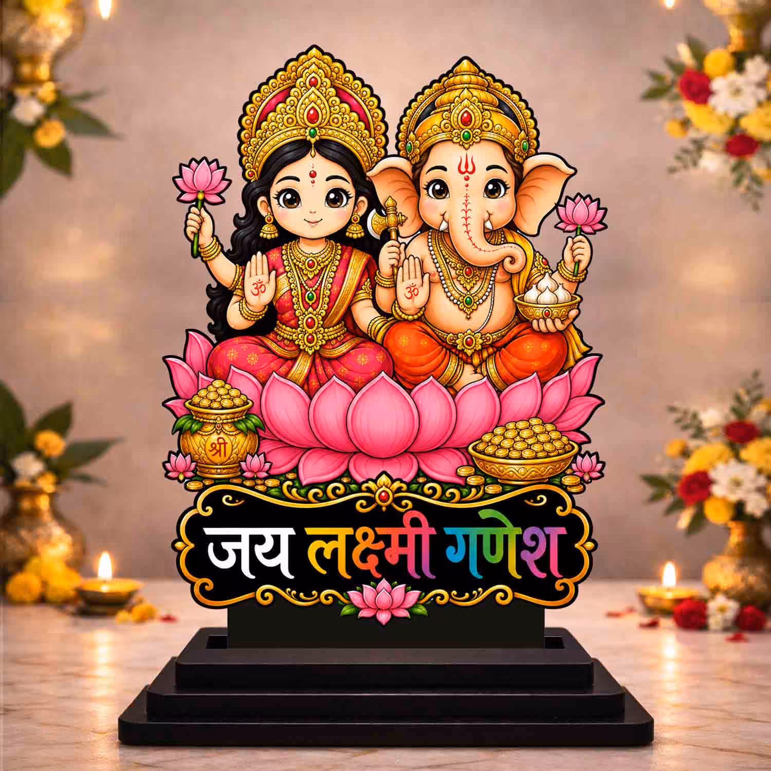 Vprint Quality Lakshmi Ganesh Wooden MDF Cutout Idol for Car Dashboard & Home Temple