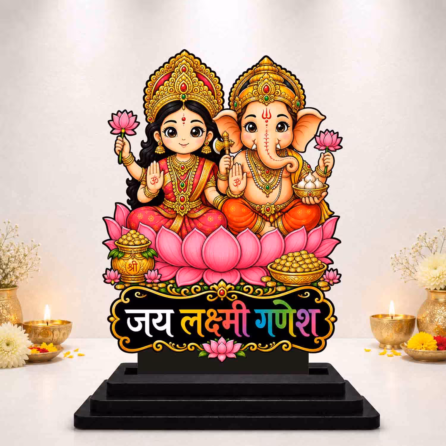 Vprint Quality Lakshmi Ganesh Wooden MDF Cutout Idol for Car Dashboard & Home Temple Wooden God Idols