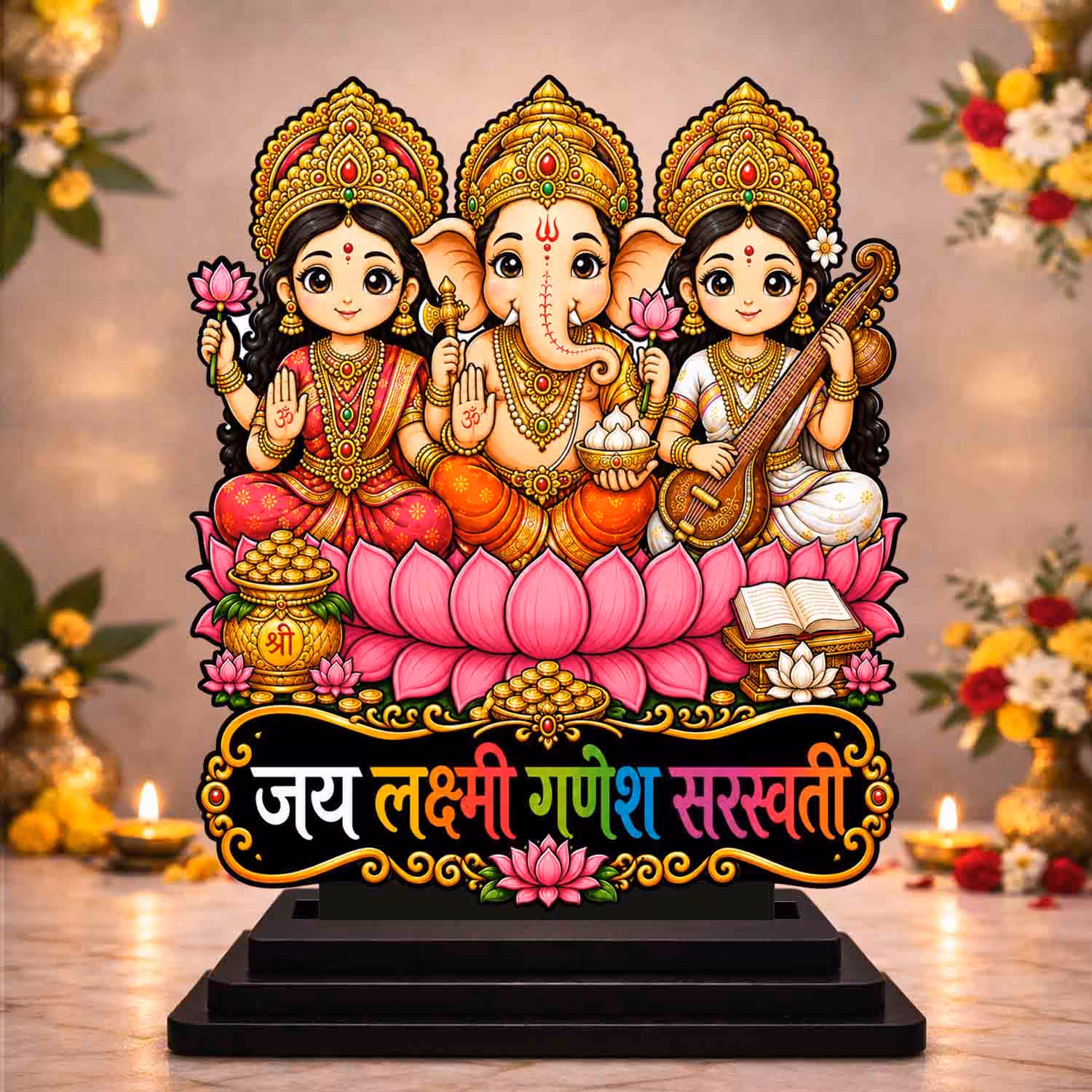 Durga Lakshmi Saraswati Wooden God Idol