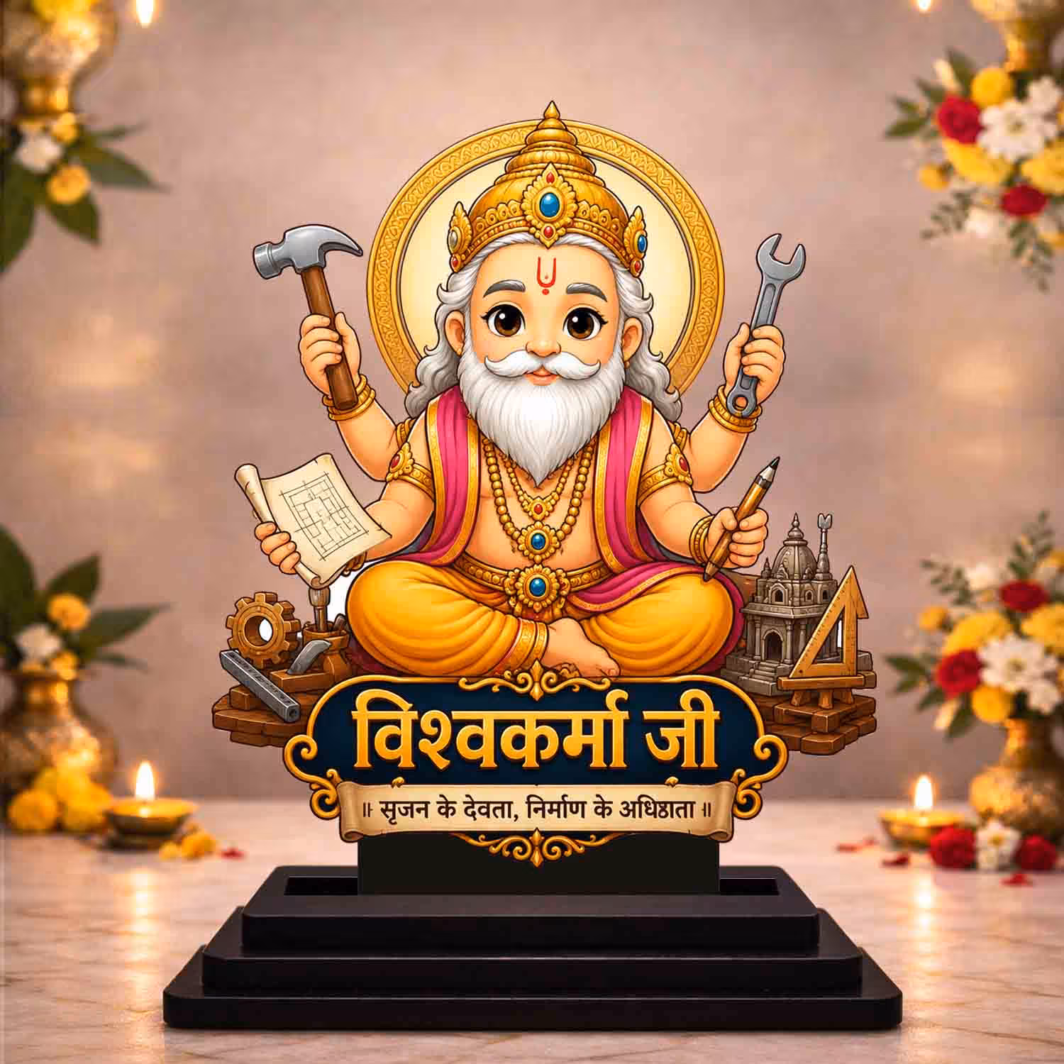 Vishwakarma Ji wooden MDF idol for car dashboard