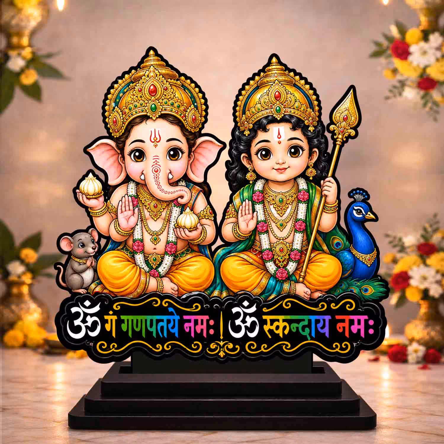 Ganesh Kartikeya Wooden God Idol