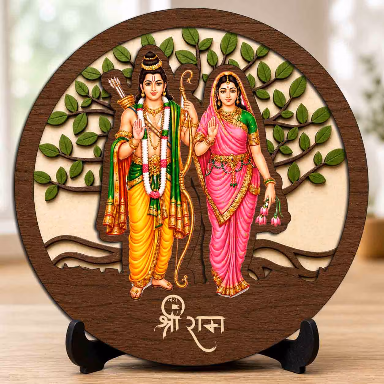 Ram Sita wooden idol with stand for home mandir