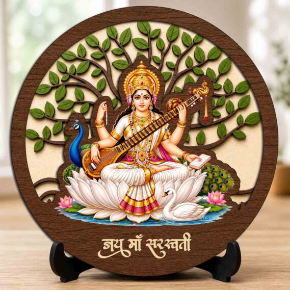 Saraswati Maa Wooden Idol/Murti with Stand for Home Temple & Office Desk