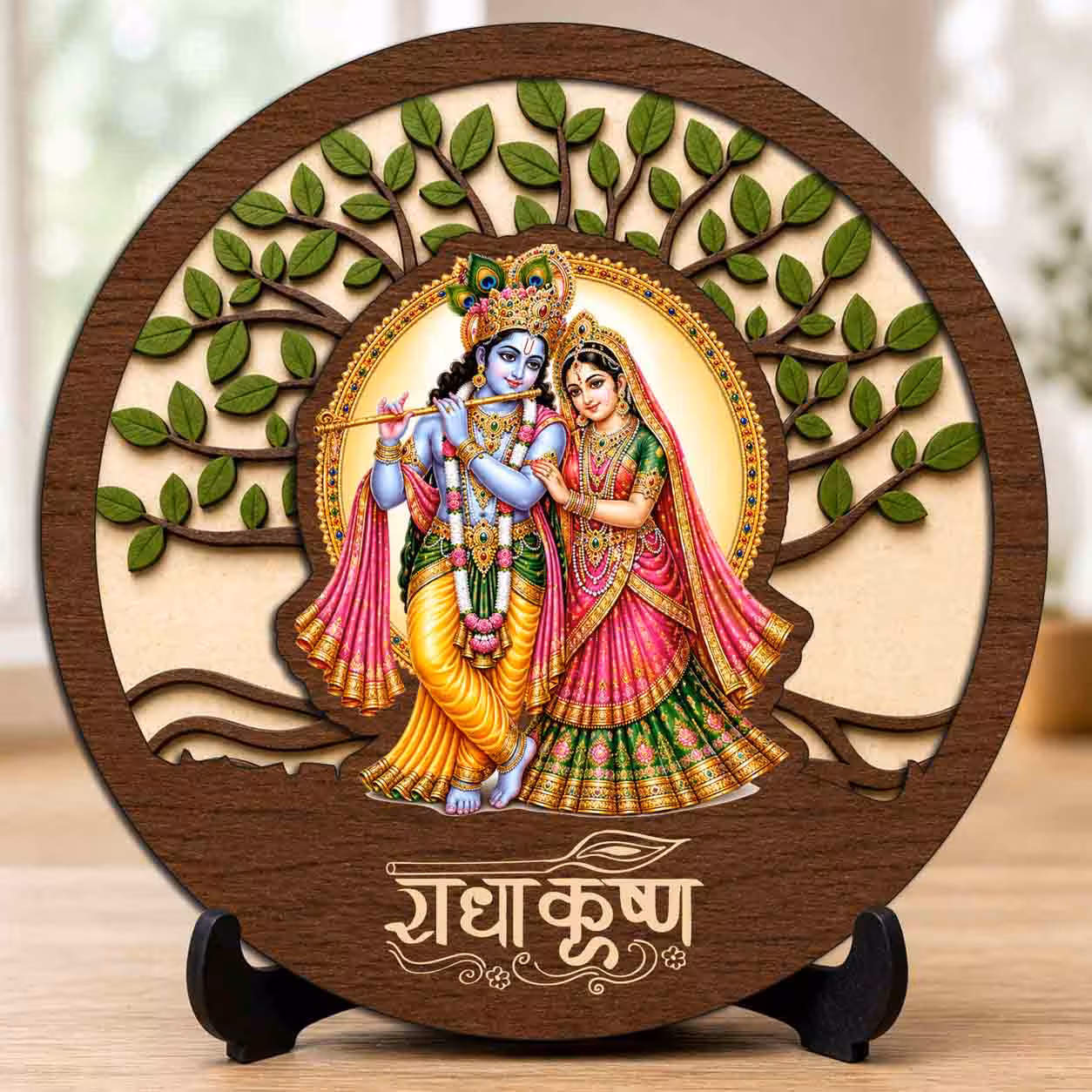 Radha Krishna wooden idol with stand for home temple