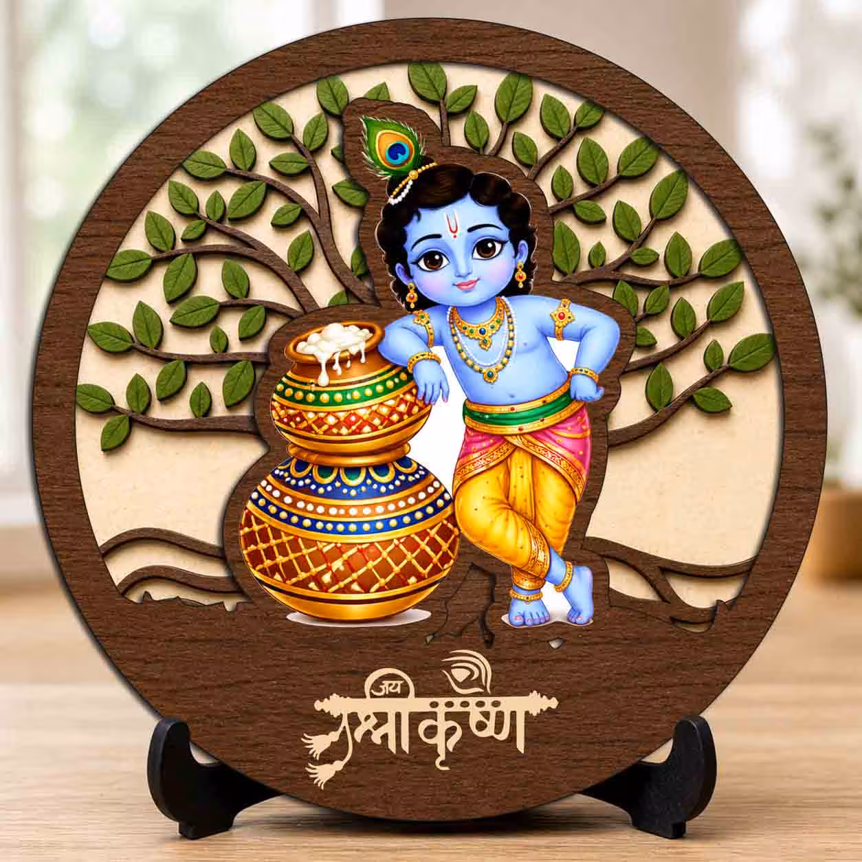 Bal Gopal wooden idol with stand for home mandir