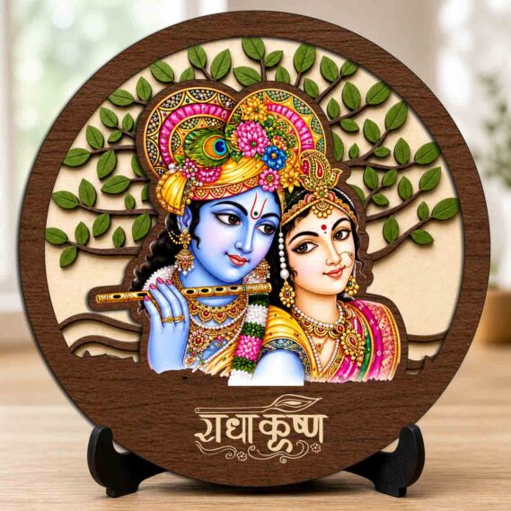 Radha Krishna Wooden Idol/Murti with Stand for Home Temple & Office Desk