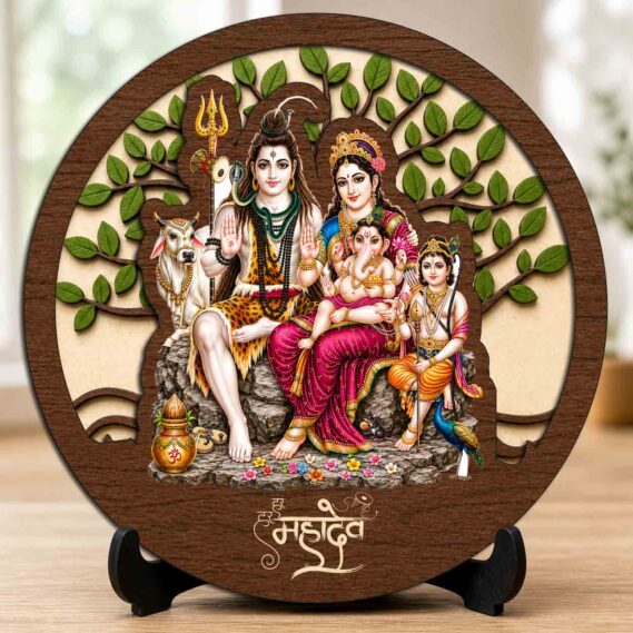 Shiv Parivar Wooden Idol / Murti with Stand for Office Desk, Mandir Shelf & Spiritual Gift ? 5x5 Inch