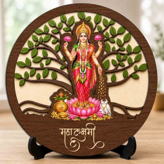Lakshmi Maa Wooden Idol / Murti with Stand for Home Temple, Office Desk & Diwali Gift ? 5x5 Inch