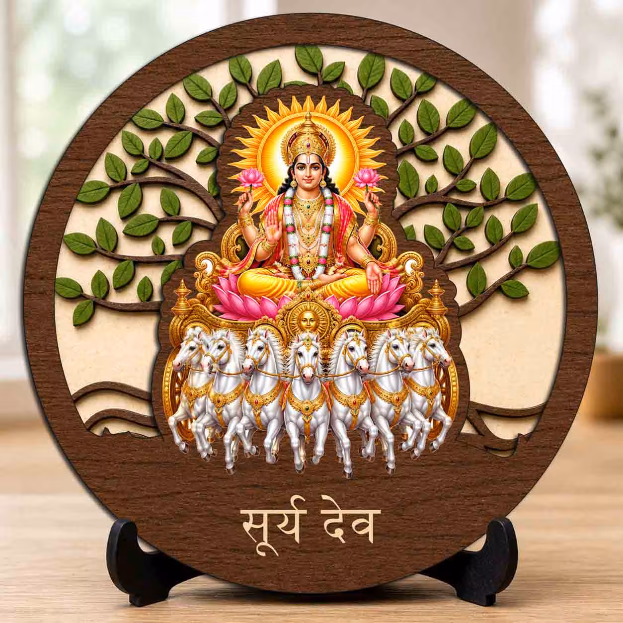 Surya Dev wooden idol with stand for indoor mandir