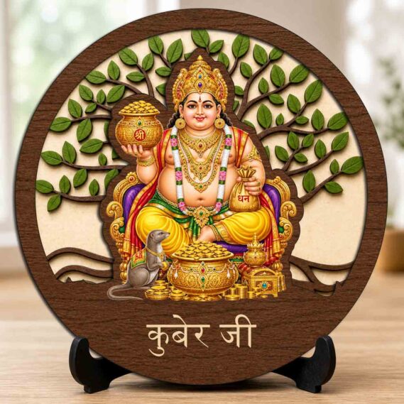Kuber Ji Wooden Idol / Murti with Stand for Puja Room, Study Table & Devotional Decor ? 5x5 Inch