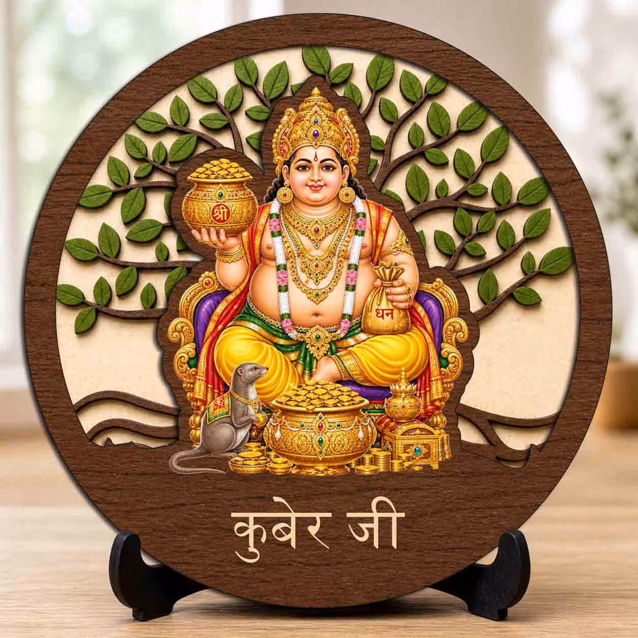 Kuber Ji wooden idol with stand for puja room