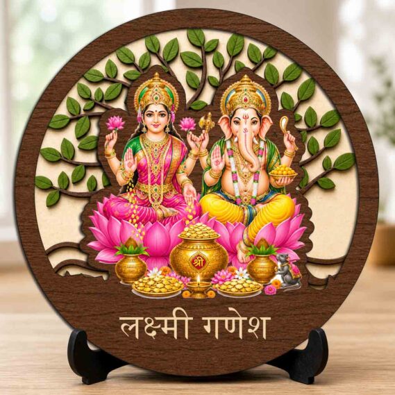 Lakshmi Ganesh Wooden Idol / Murti with Stand for Office Desk, Mandir Shelf & Spiritual Gift ? 5x5 Inch