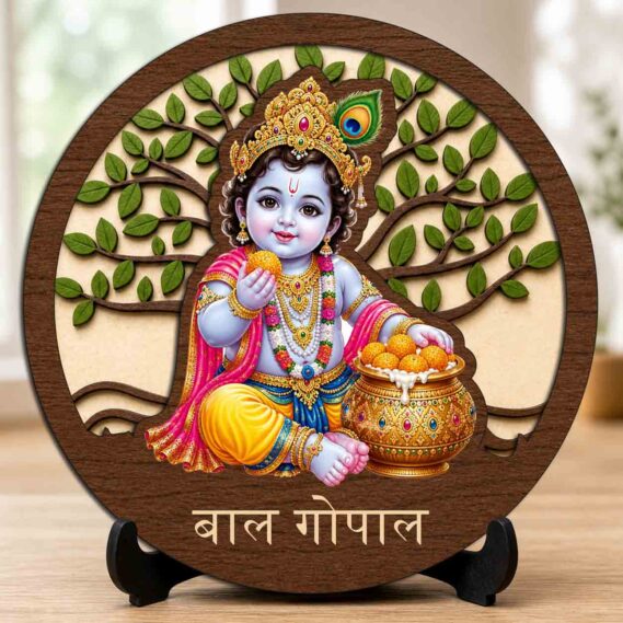 Laddu Gopal Wooden Idol / Murti with Stand for Home Mandir, Puja Space & Premium Gift ? 5x5 Inch