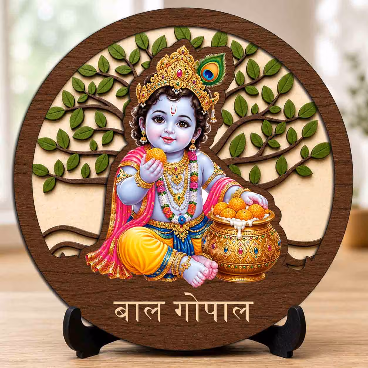 Laddu Gopal wooden idol with stand for home mandir