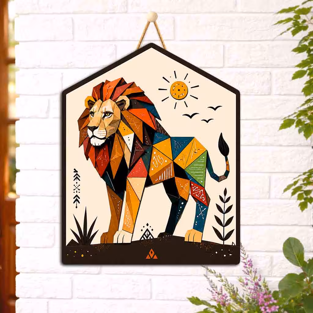 Geometric Lion Wooden Wall Hanging