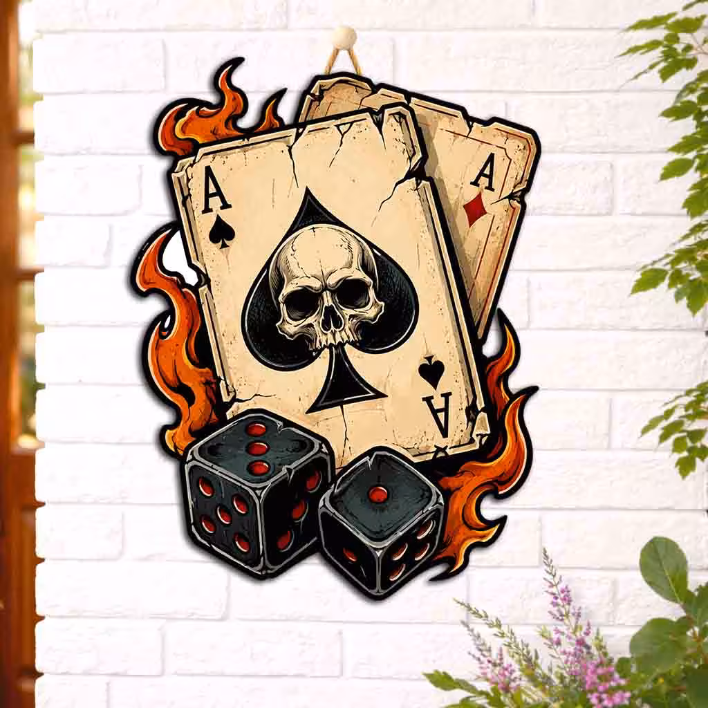 Skull Playing Cards Wooden Wall Hanging