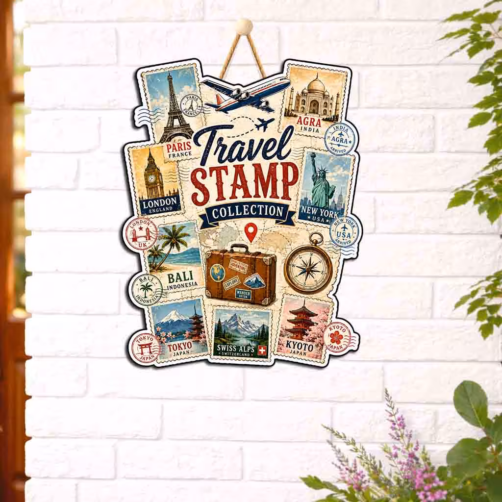 Travel Stamp Collection Wooden Wall Hanging